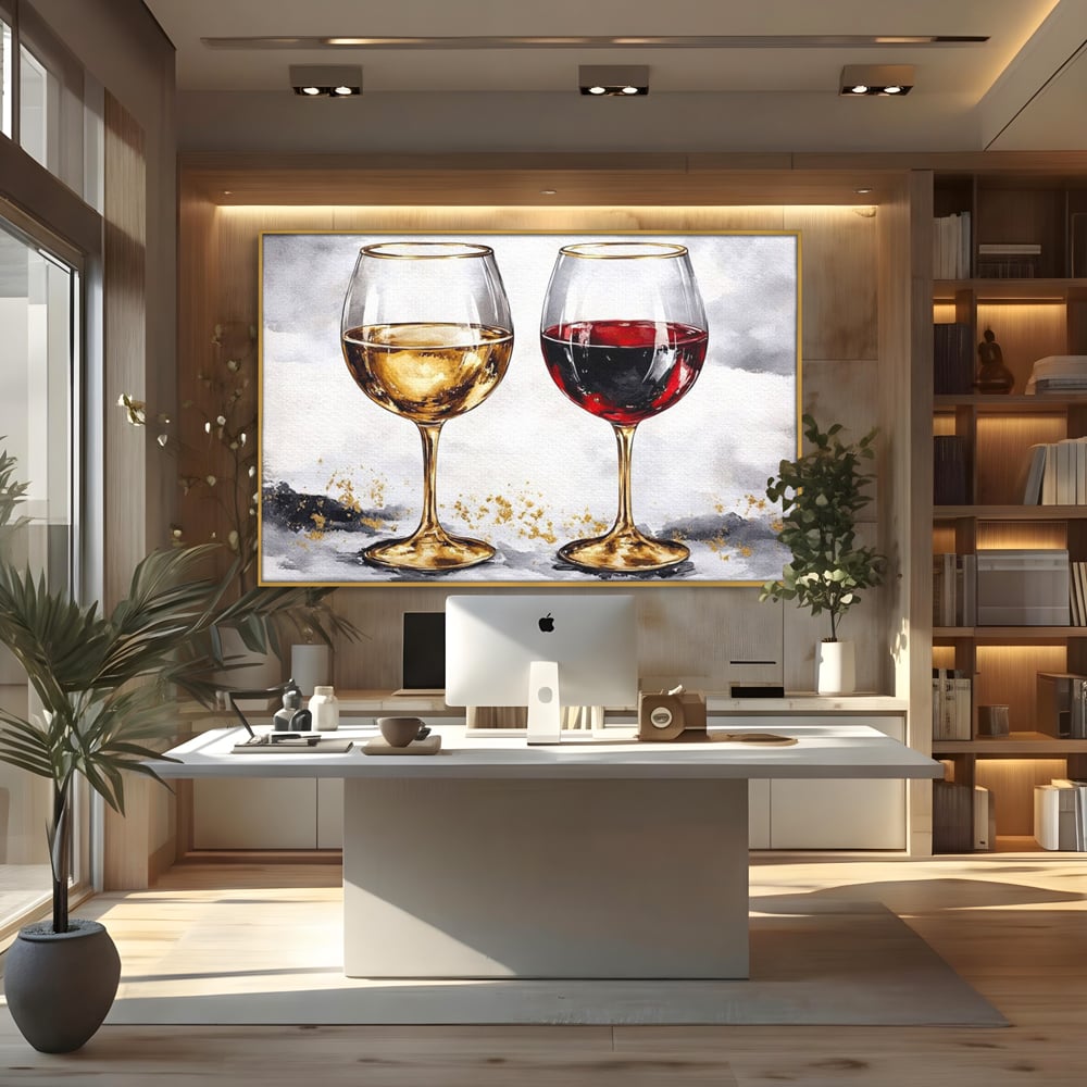 Tablou canvas cu tablou canvas cu doua pahare de vin, in rama de aluminiu auriu, pe perete intr-un birou